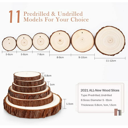 SOLEDI Wood Slices 7-8cm Natural Wood Ornaments without Hole Unfinished Wood Slices for Christmas Decorations Hanging DIY Crafts with Jute Twine and Red Cotton for Wedding Decorations or Wood Burning 